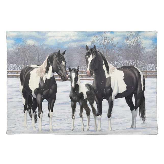 Black Pinto Quarter Horse Paint Horses In Snow Placemat (Front)