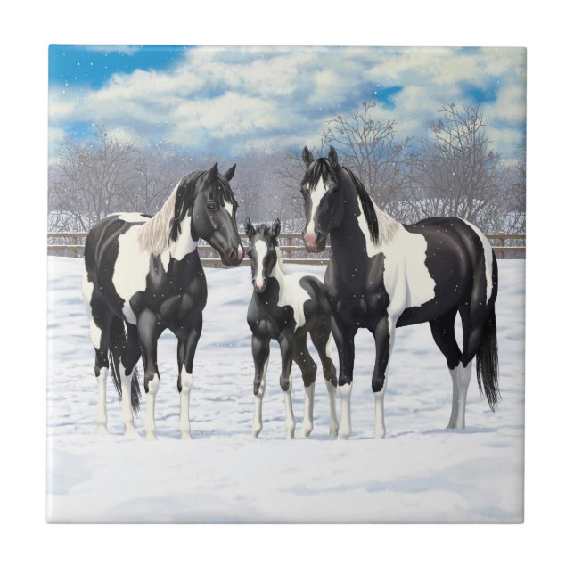 Black Pinto Quarter Horse Paint Horses In Snow Tile (Front)