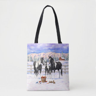 Black Pinto Quarter Horse Paint Horses In Snow Tote Bag
