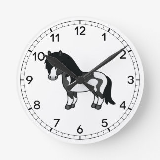 Black Pinto Shetland Pony Cartoon Illustration Round Clock