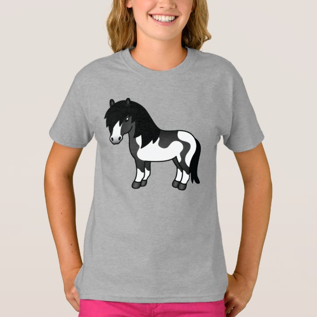 Black Pinto Shetland Pony Cartoon Illustration T-Shirt (Front)
