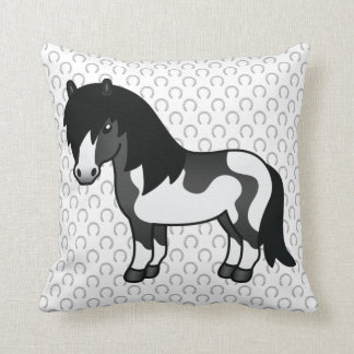 Black Pinto Shetland Pony Cartoon Illustration Throw Pillow