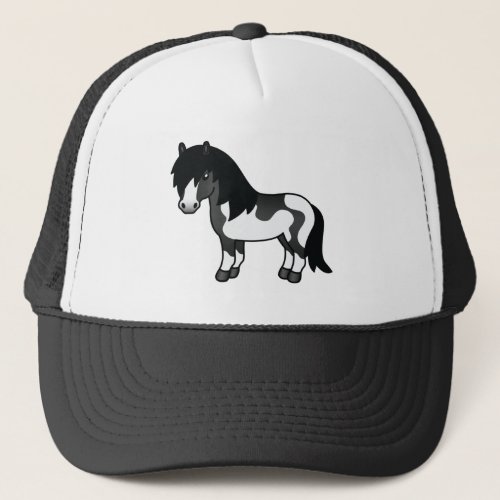 Black Pinto Shetland Pony Cartoon Illustration Trucker Hat