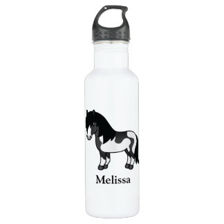 Black Pinto Shetland Pony Cartoon Pony &amp; Name Stainless Steel Water Bottle