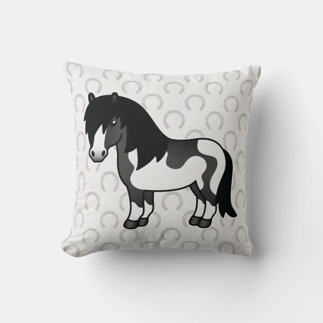 Black Pinto Shetland Pony Cute Cartoon Drawing Throw Pillow (Front)