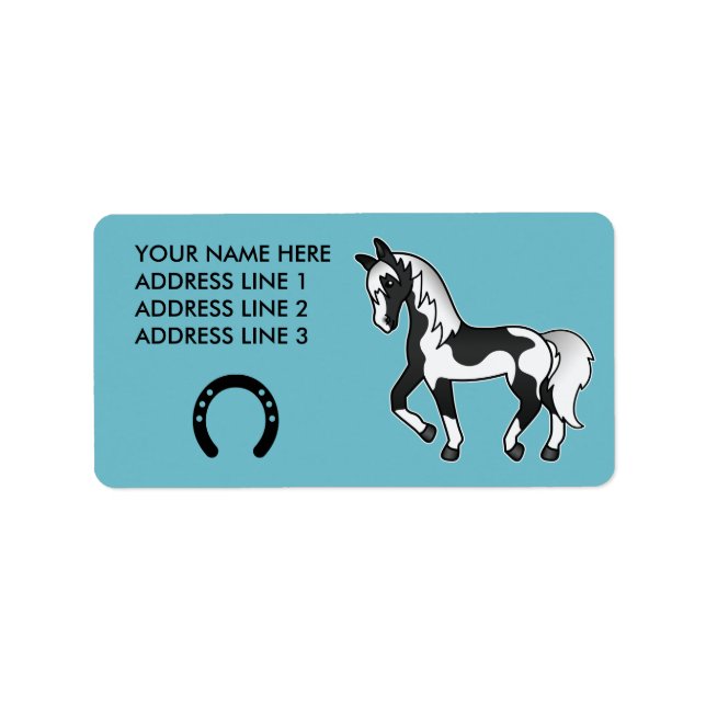 Black Pinto Trotting Cartoon Horse Label (Front)