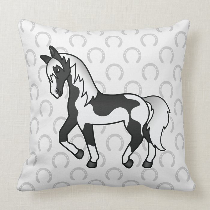 Black Pinto Trotting Cartoon Horse Throw Pillows