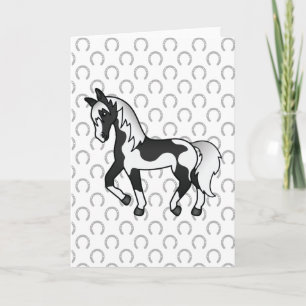 Black Pinto Trotting Horse Cartoon Illustration Card