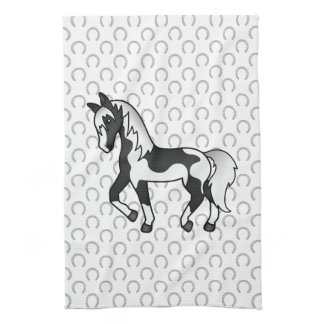 Black Pinto Trotting Horse Cartoon Illustration Kitchen Towel