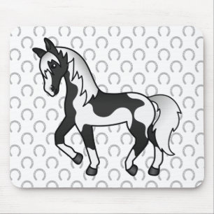 Black Pinto Trotting Horse Cartoon Illustration Mouse Pad