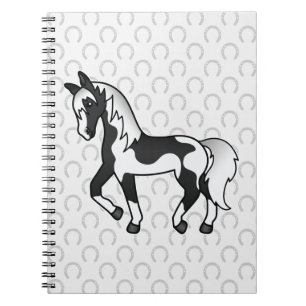 Black Pinto Trotting Horse Cartoon Illustration Notebook