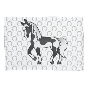 Black Pinto Trotting Horse Cartoon Illustration Pillow Case