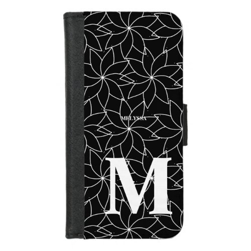 Black Pinwheel Floral  Monogram with Name iPhone 87 Wallet Case