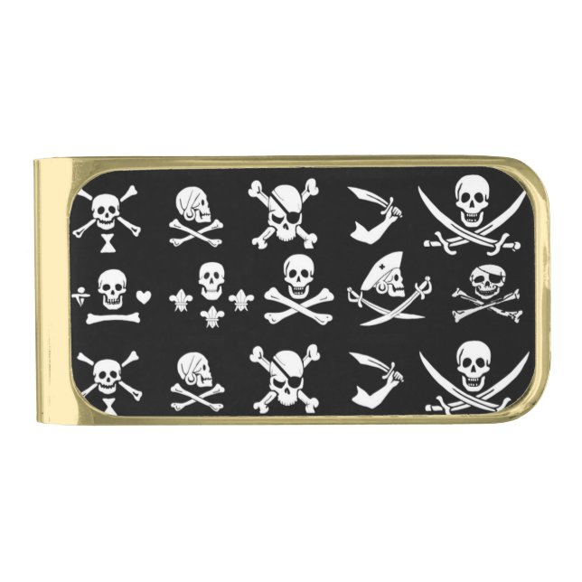 BLACK PIRATE BANNERS SKULL,CROSSED BONES,SWORDS GOLD FINISH MONEY CLIP (Front)