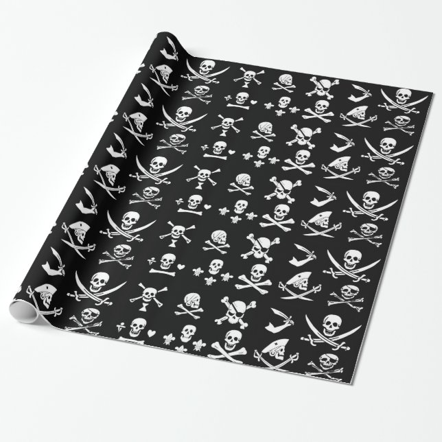 BLACK PIRATE BANNERS SKULL,CROSSED BONES,SWORDS WRAPPING PAPER (Unrolled)