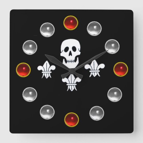 BLACK PIRATE FLAG JOLLY ROGER SKULLTHREE LILIES SQUARE WALL CLOCK