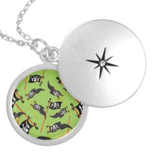 Black Pirate Flag Skulls White Bones Raiding Locket Necklace