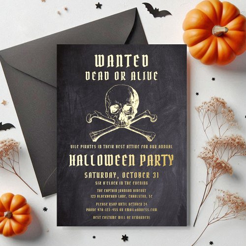 Black Pirate Skull  Bones Halloween Party Foil Invitation