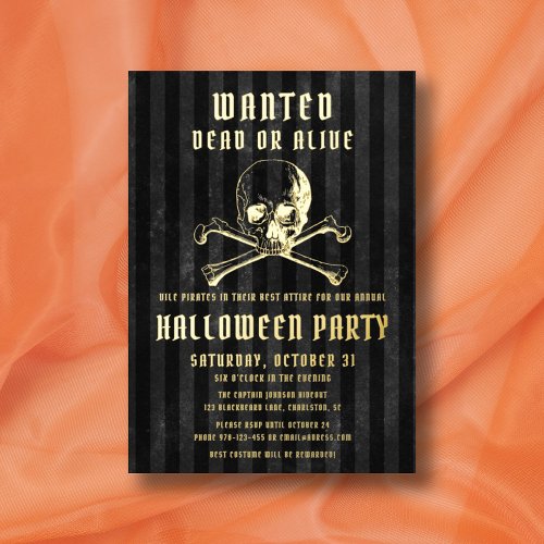 Black Pirate Skull  Bones Halloween Party Gold Foil Invitation