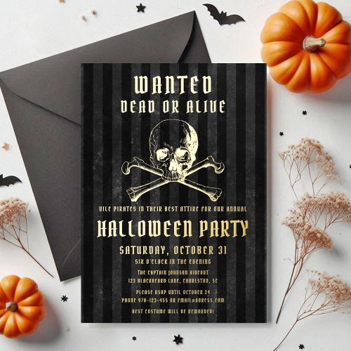 Black Pirate Skull  Bones Halloween Party Gold Foil Invitation