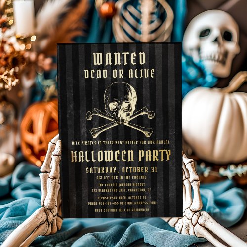 Black Pirate Skull  Bones Halloween Party Gold Foil Invitation