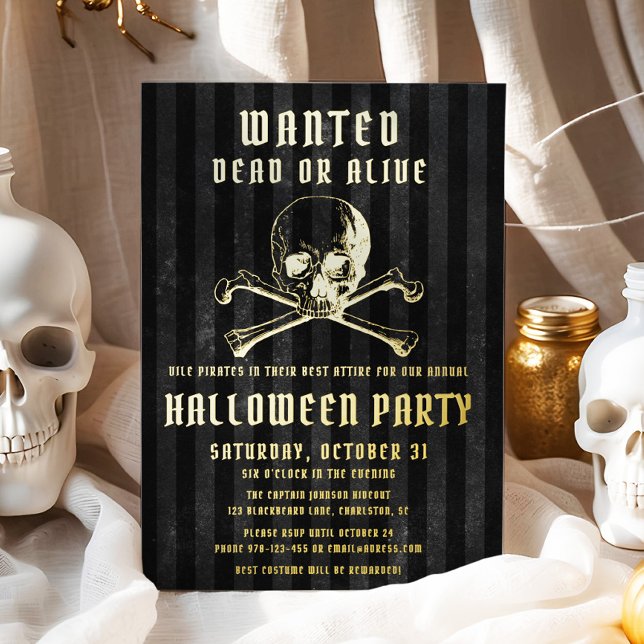 Black Pirate Skull & Bones Halloween Party Gold Foil Invitation (Black Pirate Skull & Bones Halloween Party Gold Foil Invitation)