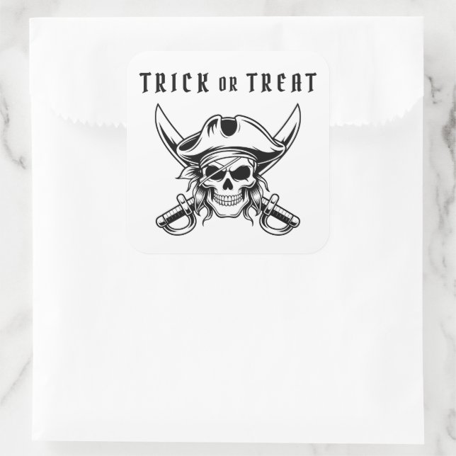 Black Pirate Skull Trick Or Treat Halloween Square Sticker (Bag)