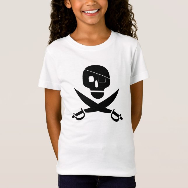 Black Pirate Skull with Eye Patch and Cross Swords T-Shirt (Front)