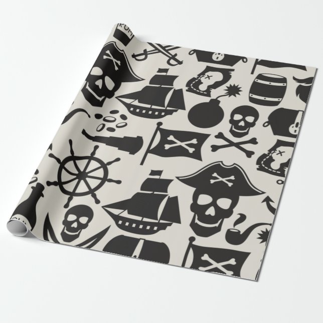 Black Pirate Theme Nautical Pattern Wrapping Paper (Unrolled)