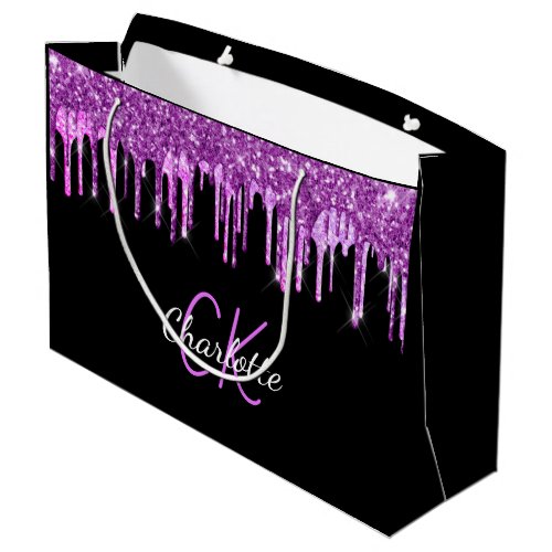 Black pirple glitter drips monogram sparkle large gift bag