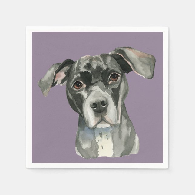 Black Pit Bull Dog Watercolor Portrait Paper Napkins (Front)