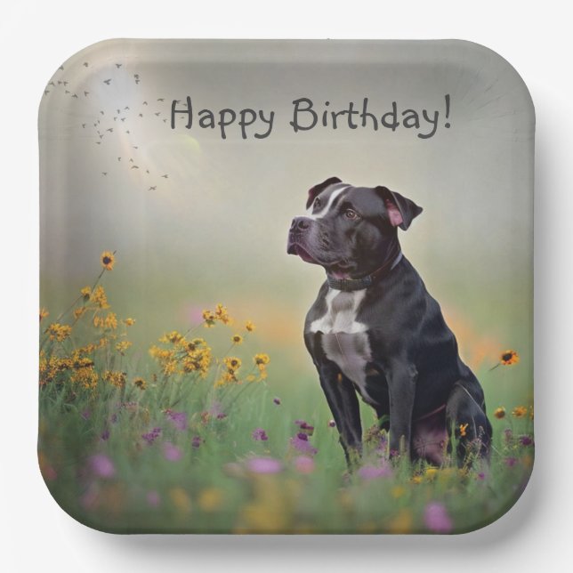 Black Pitbull Birthday Paper Plates (Front)