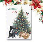 Black Pitbull Dog, Bullfinch and Holiday Tree Card