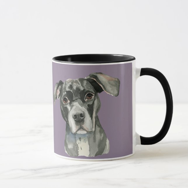 Black Pitbull Dog Watercolor Portrait Mug (Right)