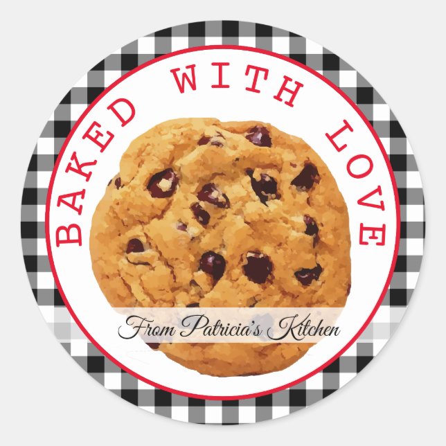 Black  Plaid Baked With Love Christmas Cookies Classic Round Sticker (Front)