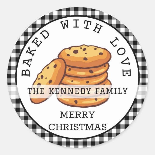 Black Plaid Baked With Love Christmas Cookies  Classic Round Sticker (Front)