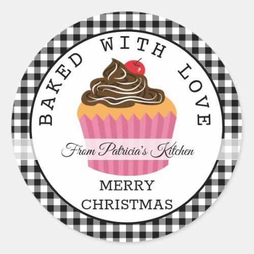 Black Plaid Baked With Love Christmas Cupcakes Classic Round Sticker