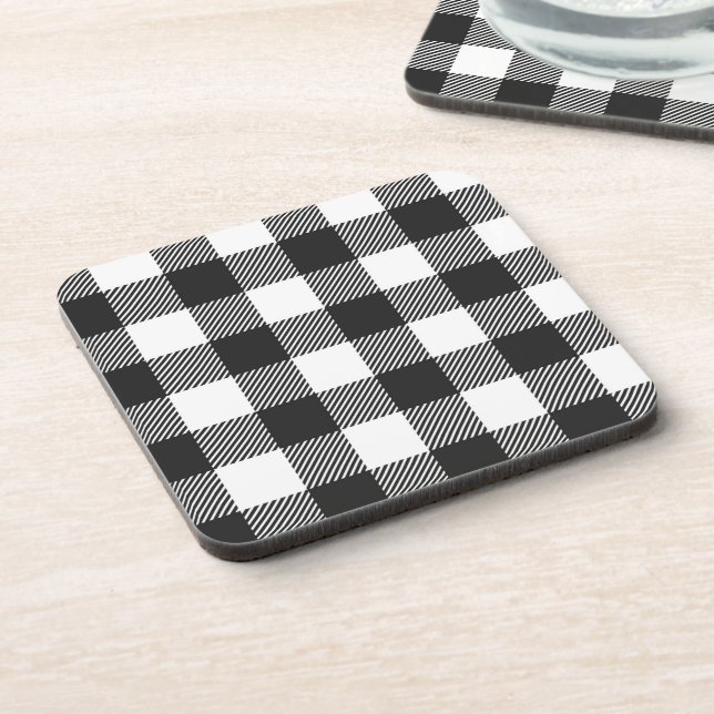 Black Plaid Buffalo Check Pattern Beverage Coaster (Left Side)