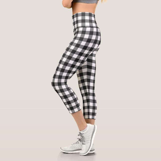 Black Plaid Buffalo Check Pattern Capri Leggings (Left)