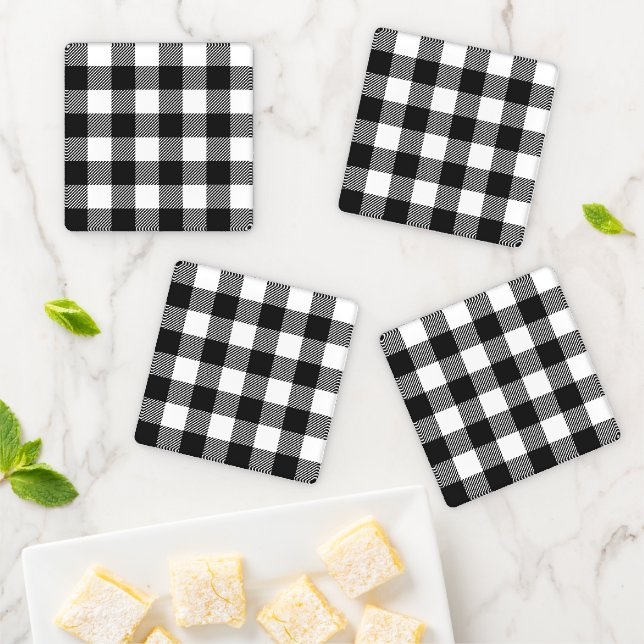 Black Plaid Buffalo Check Pattern Coaster Set (In Situ)