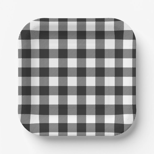 Black Plaid Buffalo Check Pattern Paper Plates (Front)