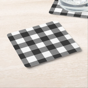 Black Plaid Buffalo Check Pattern Square Paper Coaster