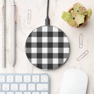 Black Plaid Buffalo Check Pattern Wireless Charger