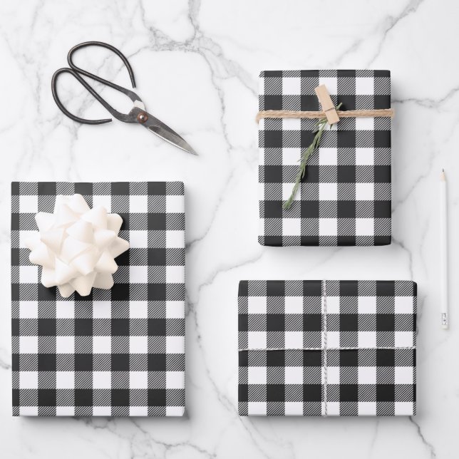 Black Plaid Buffalo Check Pattern Wrapping Paper Sheets (Front)