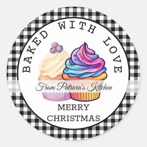 Black Plaid Christmas Baked With Love Cupcake  Classic Round Sticker