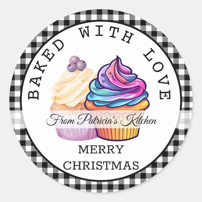 Black Plaid Christmas Baked With Love Cupcake  Classic Round Sticker (Front)