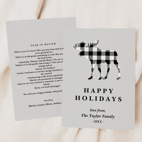 Black Plaid Christmas Moose Family Newsletter Holiday Card