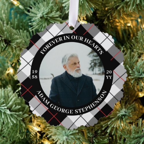 Black Plaid Forever In Our Hearts Photo Ornament Card