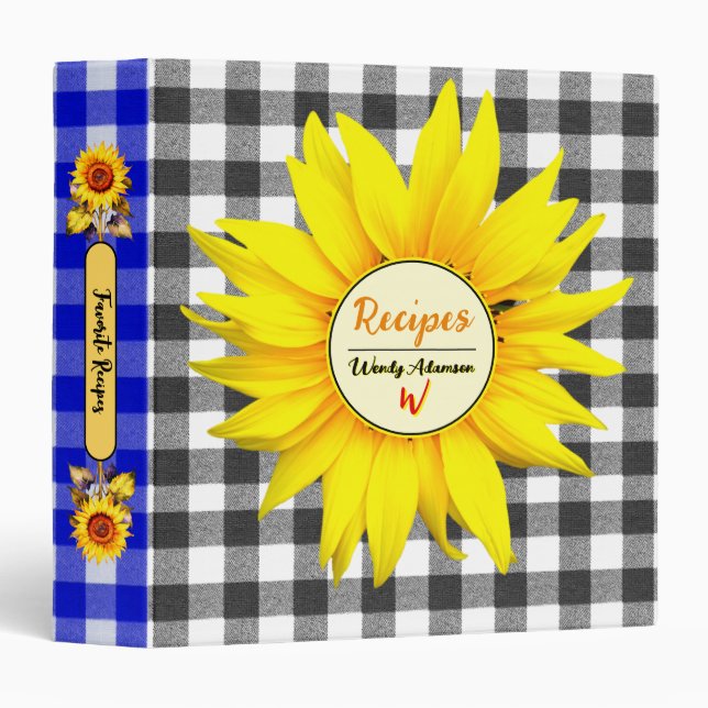 Black Plaid Gingham Favorite Recipes | Sunflower 3 Ring Binder (Front/Spine)