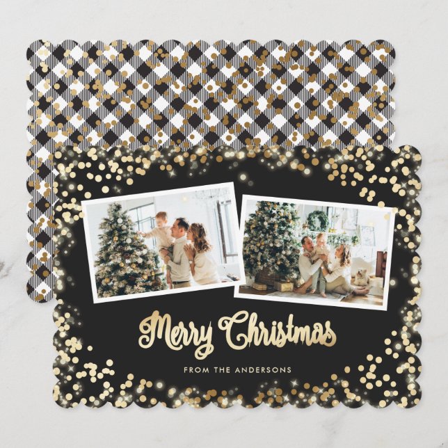Black Plaid Gold Christmas Magic Lights Photo Holiday Card (Front/Back)